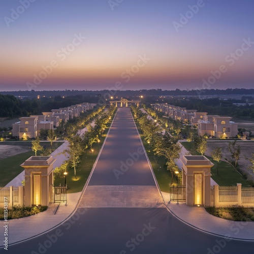 Open plots with a grand entrance arch, wide roads, and solar fencing, highlighting development and security photo