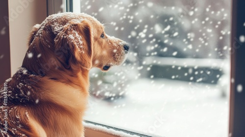 A golden retriever looks out of the window, enraptured by the falling snowflakes on a cold winter day, creating a serene atmosphere photo