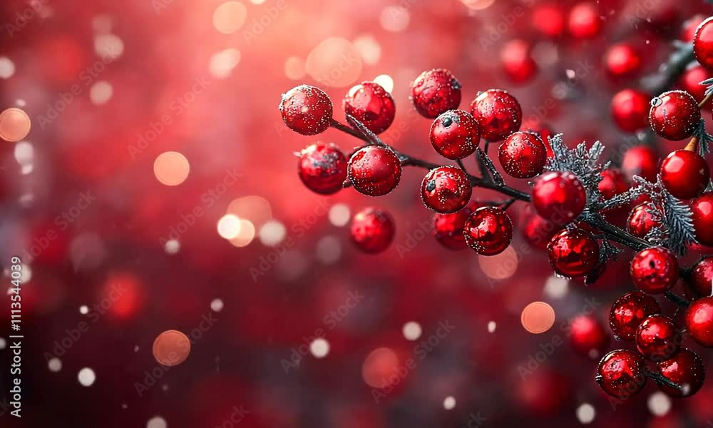 A close-up of bright red berries on a branch with a blurred, festive background. A close-up of bright red berries on a branch with a blurred, festive background.