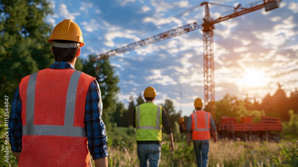 Construction workers walking toward crane at sunset construction site outdoor wide view industrial development Construction workers walking toward crane at sunset construction site outdoor wide view industrial development