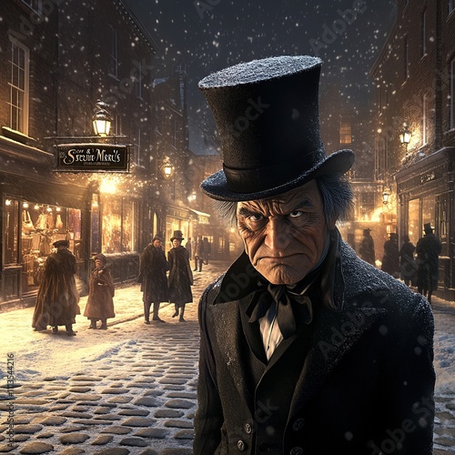 Scrooge in snowy Victorian street at night.