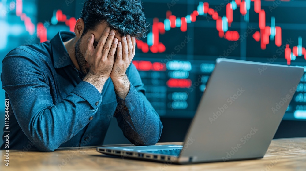 Investor stress during market decline office setting digital analysis emotional turmoil close-up view financial crisis impact Investor stress during market decline office setting digital analysis emotional turmoil close-up view financial crisis impact