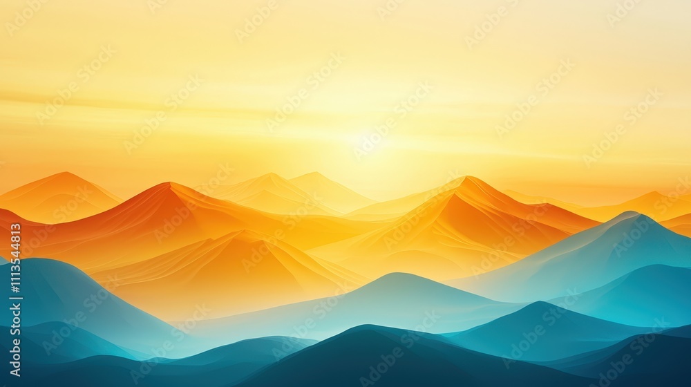 A beautiful mountain range with a bright orange sun in the sky A beautiful mountain range with a bright orange sun in the sky