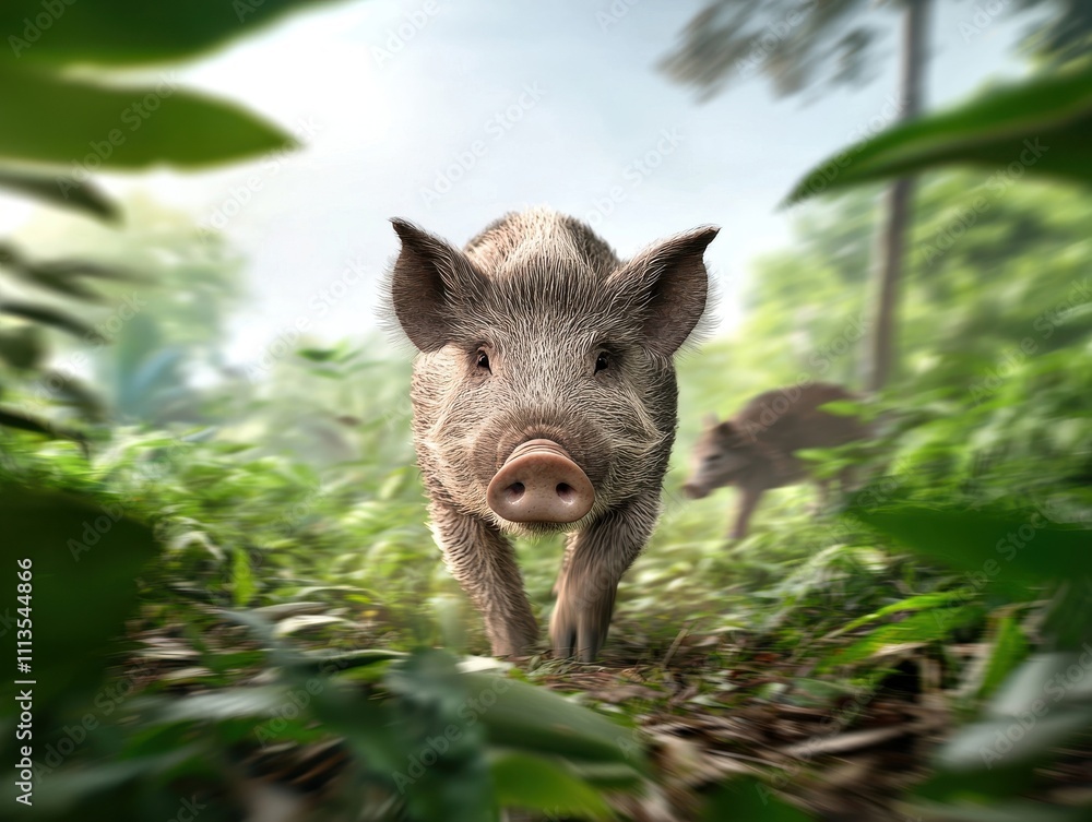 Adorable Young Pig Walking Through Lush Green Forest Environment Adorable Young Pig Walking Through Lush Green Forest Environment