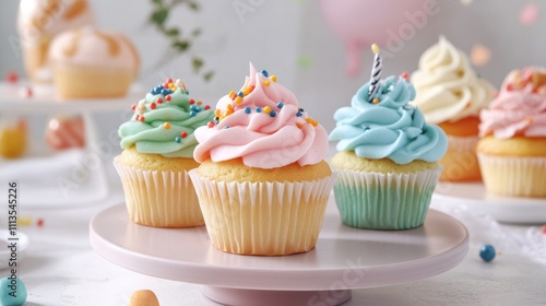 Birthday cupcakes decorated with colorful frosting and creative toppings