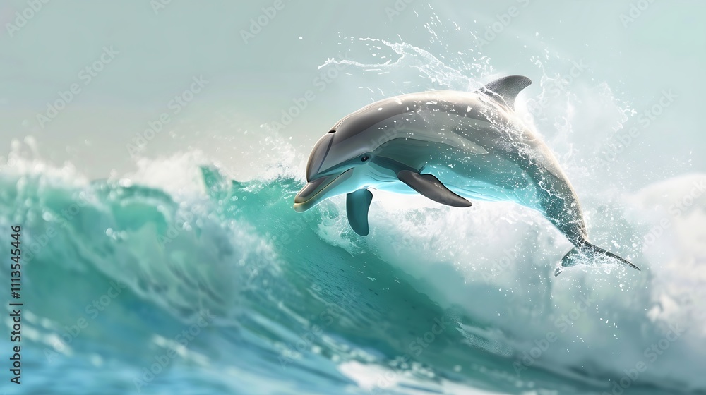 Naklejka premium A cheerful dolphin jumping through waves on a solid background