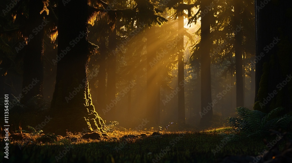 Fototapeta premium Sunlight streams through a dense forest, illuminating moss-covered trees and a tranquil forest floor.