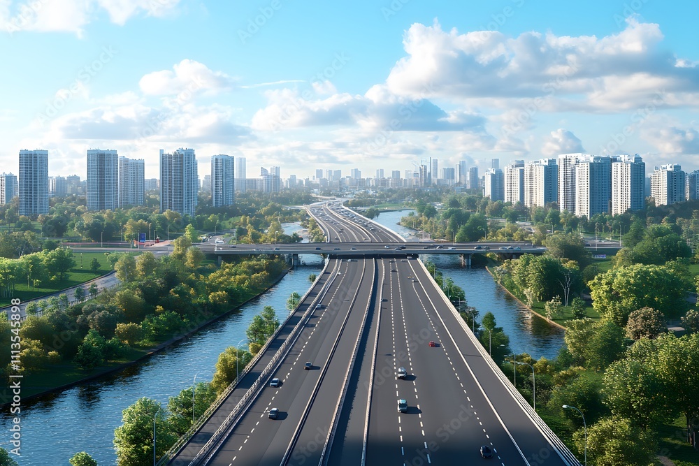 Fototapeta premium A modern cityscape featuring a river, highway, and skyscrapers.