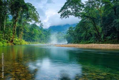 A serene river winds through lush green forests, reflecting the vibrant trees and mountains in the tranquil water, Perfect for nature-themed projects, wellness materials, or travel brochures,