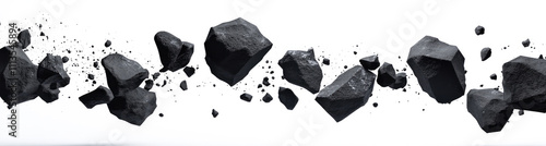 Mid-air suspension of black rocks with smaller fragments and dust particles