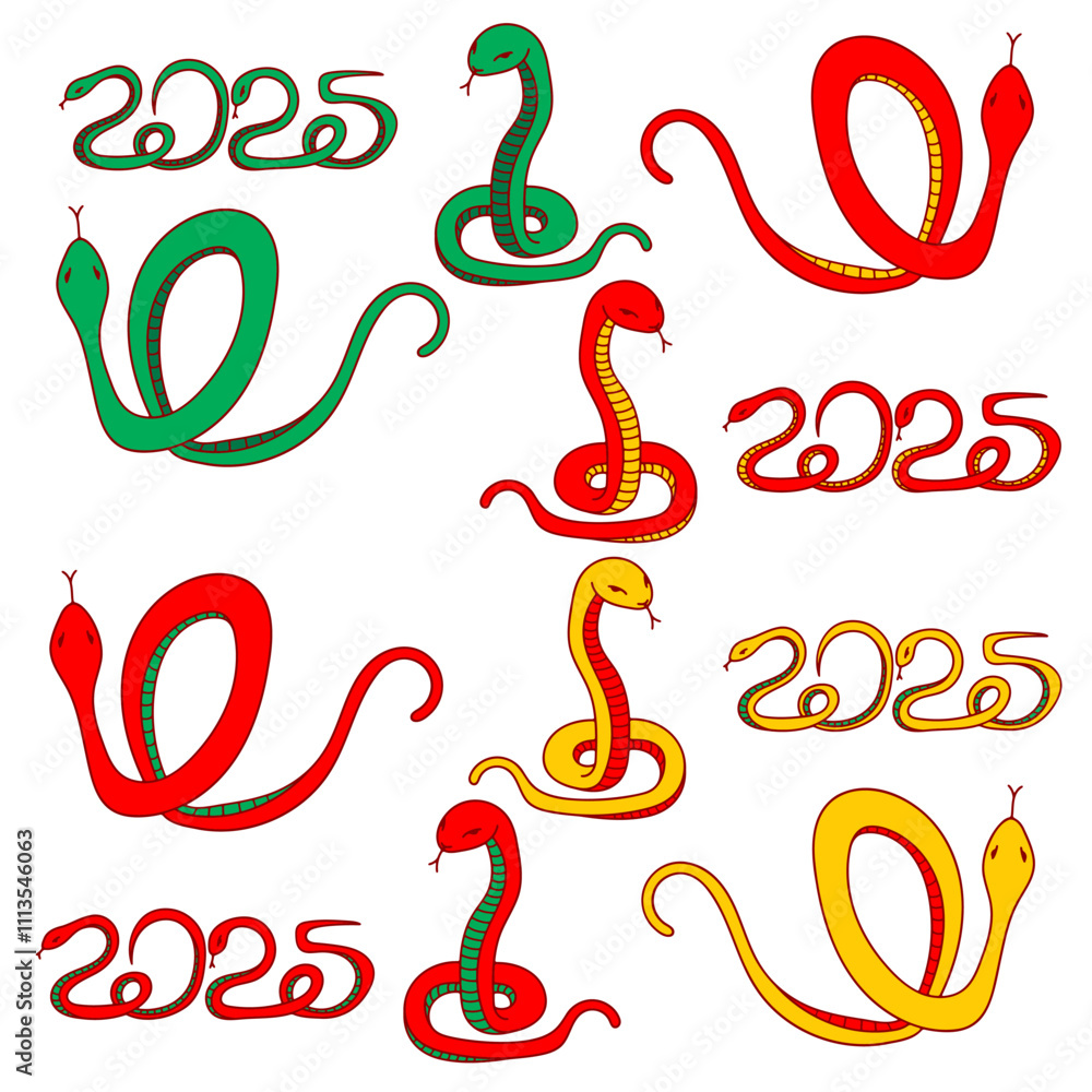Obraz premium 2025 year of the snake set. Lunar New Year illustration, snake in different movements and colors on a white background. Graphic elements, web, digital design, print, greeting cards, stickers,calendars