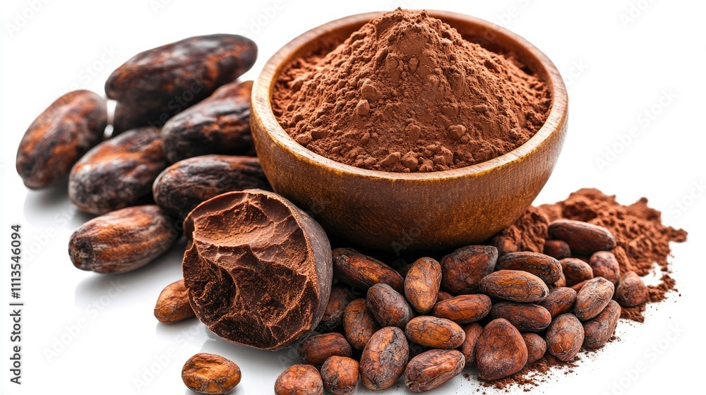 A bowl of cocoa powder surrounded by cocoa beans and shells, showcasing chocolate's origins. A bowl of cocoa powder surrounded by cocoa beans and shells, showcasing chocolate's origins.