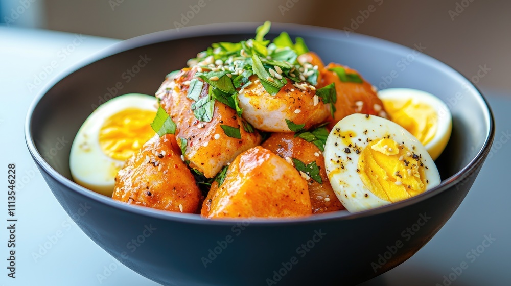 Bowl of Spicy Fish Curry with Soft Boiled Eggs and Fresh Herbs Garnish for a Flavorful and Nutritious Meal Option Bowl of Spicy Fish Curry with Soft Boiled Eggs and Fresh Herbs Garnish for a Flavorful and Nutritious Meal Option