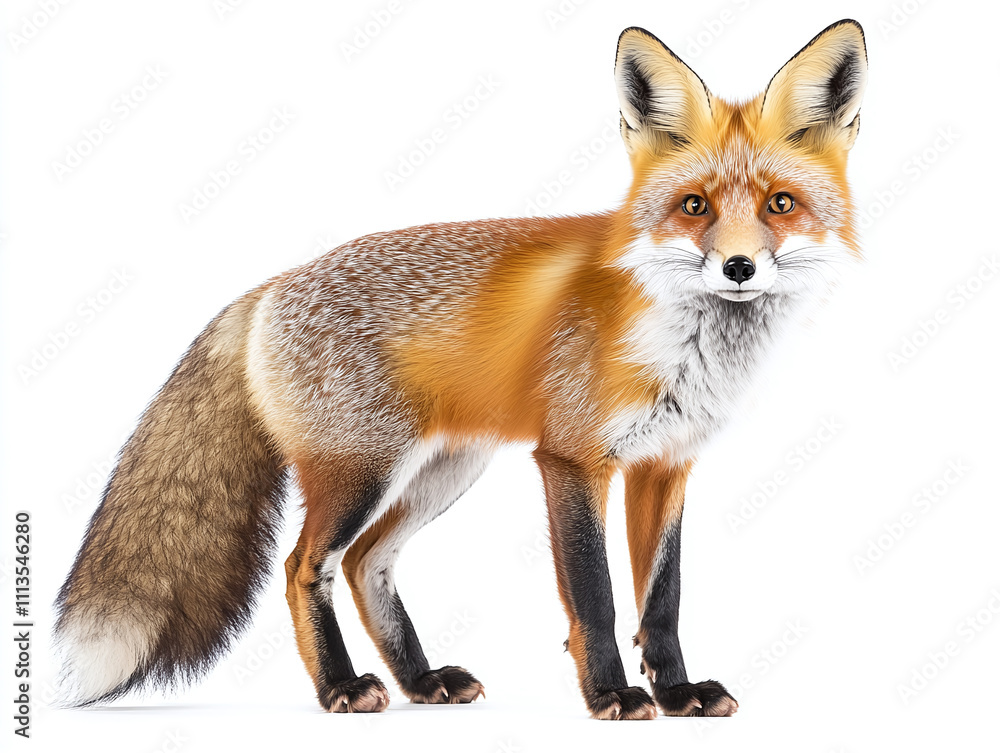 Fototapeta premium Cunning fox with a bushy tail isolated on white background