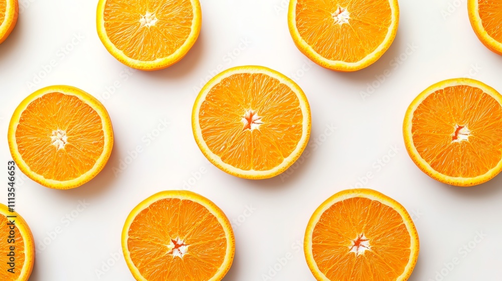 Fototapeta premium Freshly sliced oranges arranged in a repeating pattern on a white background.