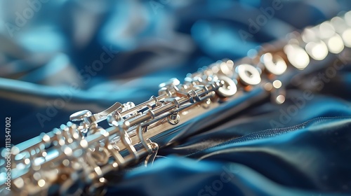 A concert flute positioned on a rich navy backdrop photo