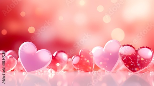 Colorful hearts in various sizes are arranged against a soft pink background, creating a romantic and whimsical atmosphere, Ideal for Valentine's Day promotions, wedding invitations