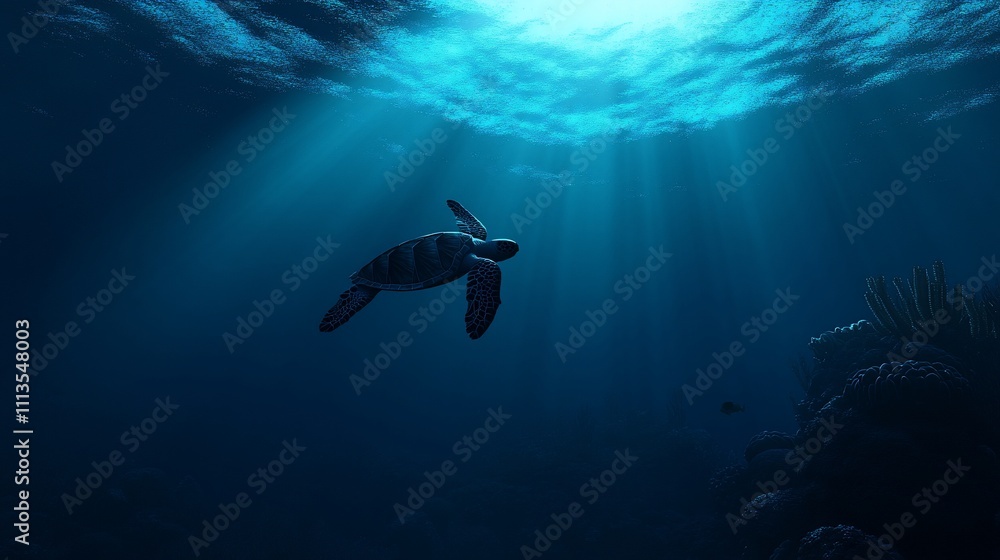 Naklejka premium Sea turtle swimming underwater in deep blue ocean with sunbeams.