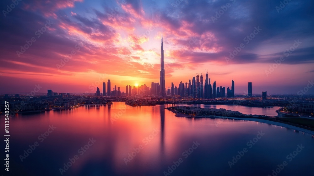 Naklejka premium Dramatic sunset views over city skylines and natural landscapes, capturing serene moments