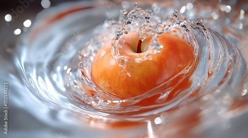 Canistel in Spiraling Water Splash: A canistel centered with water swirling and spiraling around it in a fluid motion. The dynamic splash highlights the fruitâ€™s smooth skin, and the clear droplets photo