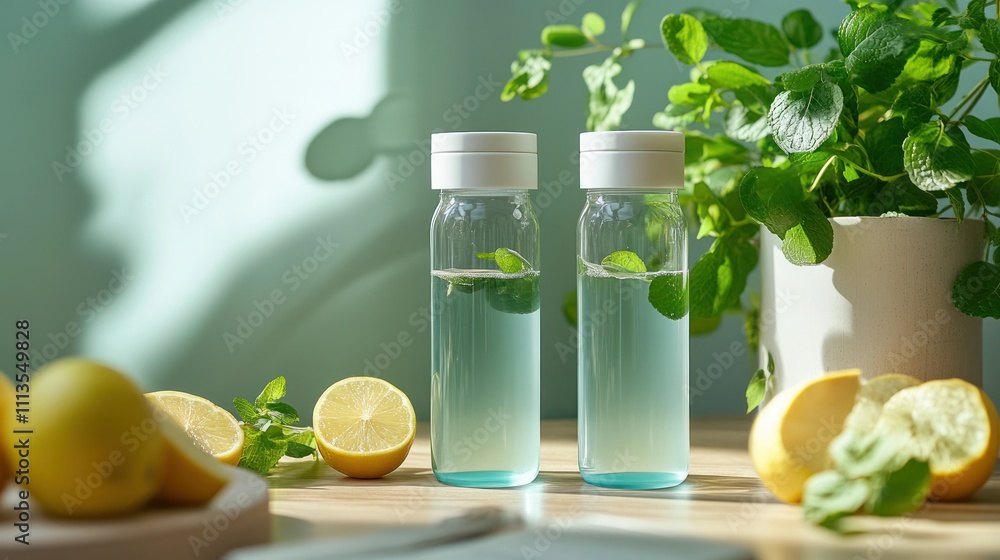 Fototapeta premium Filtered water and hydration promoted with reusable bottles and clean water solutions
