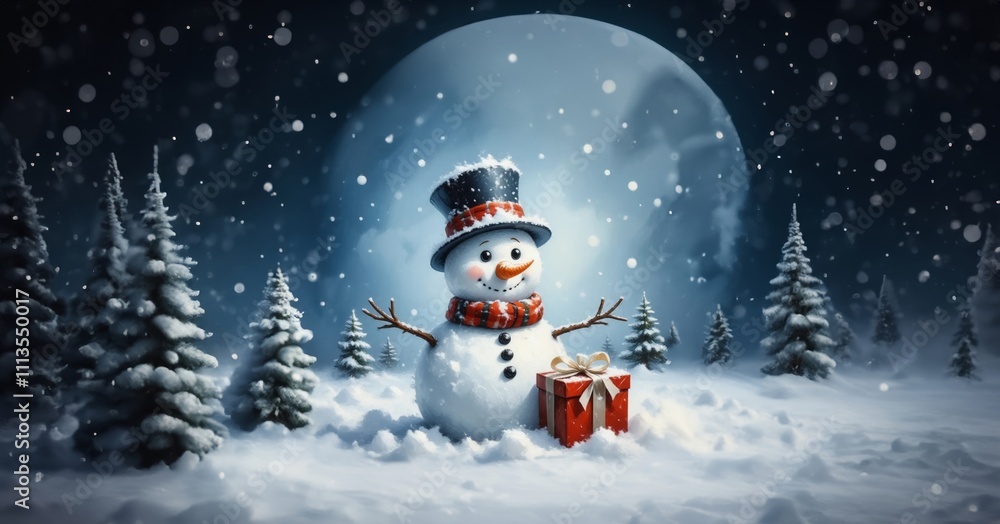Fototapeta premium Snowman in a snowy winter day. Merry christmas and happy new year. Snowman on the snowy winter background.