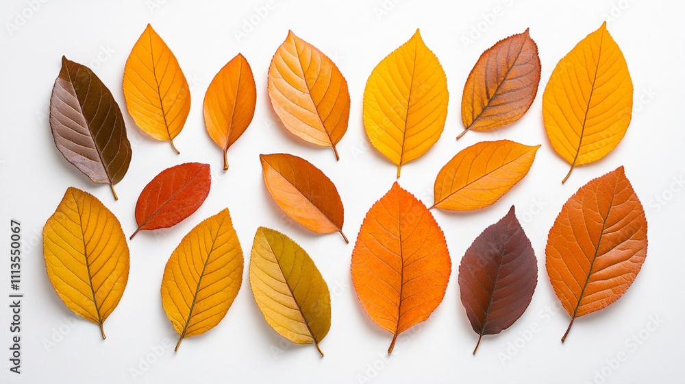 Obraz premium Autumn Flat Lay Display of Vibrant Yellow Leaves on White Surface