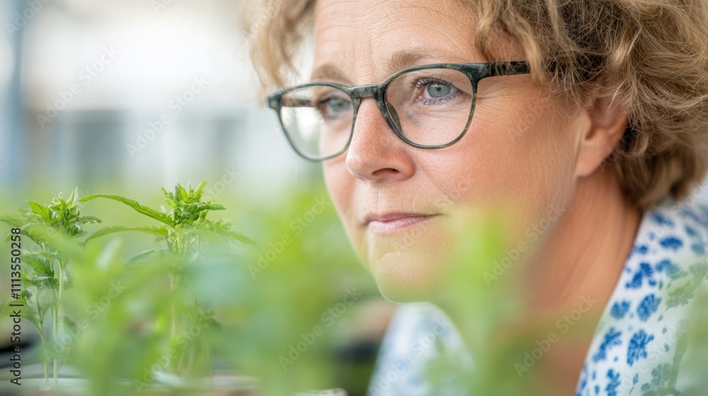 Scientist closely inspects various plant samples in a greenhouse, focusing on growth and health factors during her research work Scientist closely inspects various plant samples in a greenhouse, focusing on growth and health factors during her research work