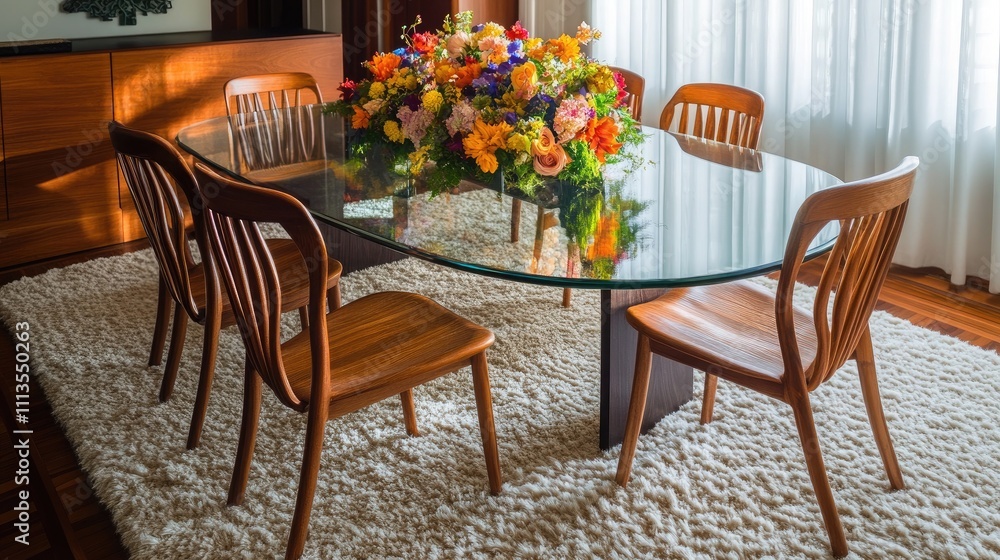 Obraz premium An elegant dining room with a glass-topped oval table