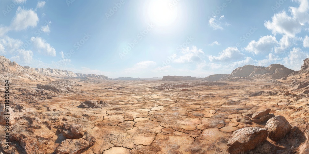 Naklejka premium Vast arid landscape with cracked earth under a bright sun, showcasing the beauty of a barren desert environment and clear blue sky with wispy clouds