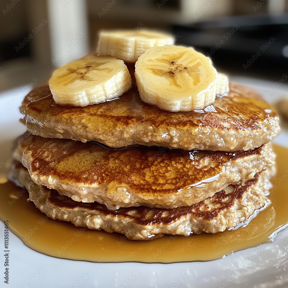 Three golden-brown pancakes topped with banana slices and syrup. Three golden-brown pancakes topped with banana slices and syrup.
