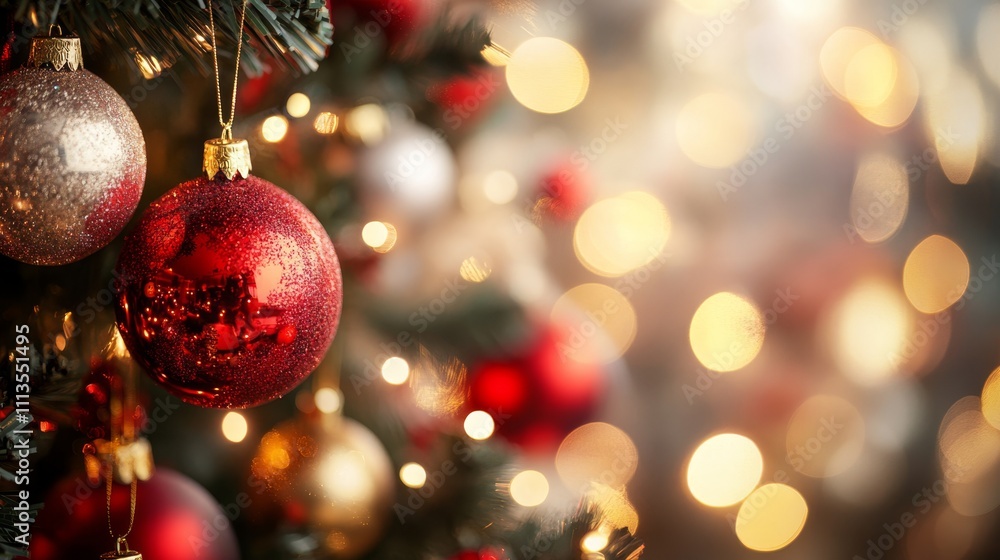 Glimmering Christmas Ornaments on a Festive Tree Close-Up Glimmering Christmas Ornaments on a Festive Tree Close-Up