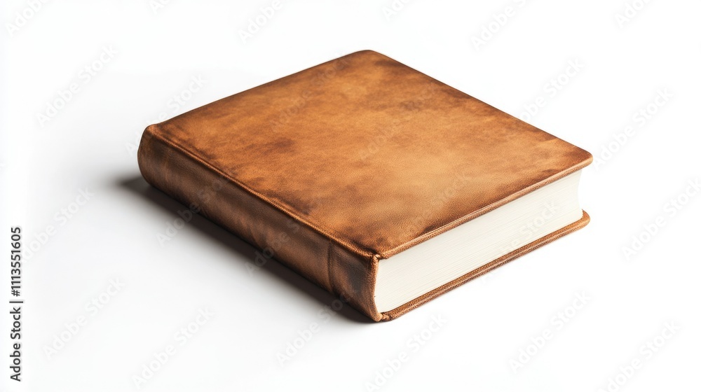 A closed, brown leather-bound book resting on a white background. A closed, brown leather-bound book resting on a white background.