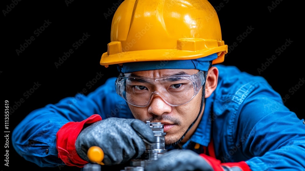 Focused Determination: A close-up portrait of a dedicated worker, wearing a hard hat and safety glasses, meticulously working on a project. The image conveys the dedication, precision. Focused Determination: A close-up portrait of a dedicated worker, wearing a hard hat and safety glasses, meticulously working on a project. The image conveys the dedication, precision.