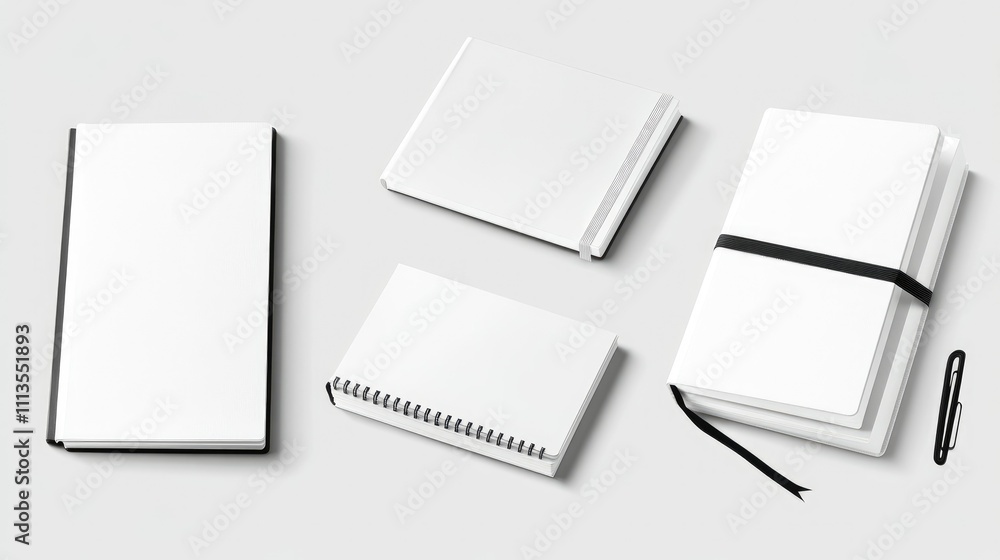 A collection of blank notebooks and a pen on a minimalist background for note-taking and planning. A collection of blank notebooks and a pen on a minimalist background for note-taking and planning.