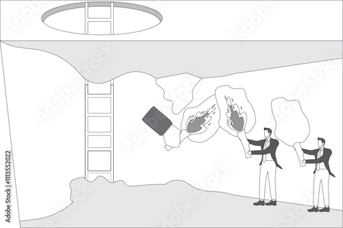 Passing on of cultural fire commerce, acquiring a legacy or skill of experience, passing on or succession plan, successor, torch relay, businessman taking an unlit torch to a giant's torch to be lit