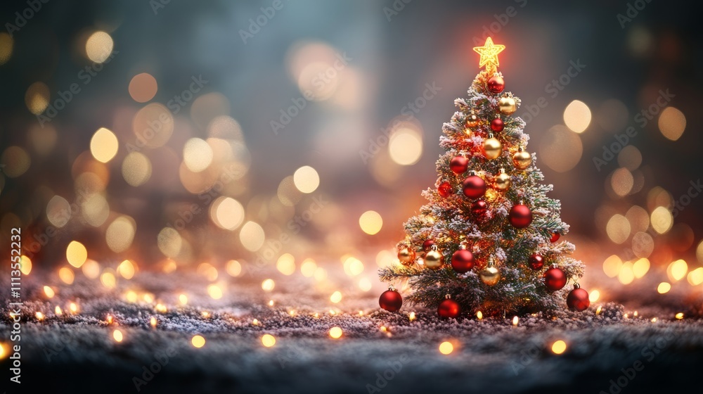 Cozy Christmas Tree with Lights and Ornaments in a Festive Scene Cozy Christmas Tree with Lights and Ornaments in a Festive Scene
