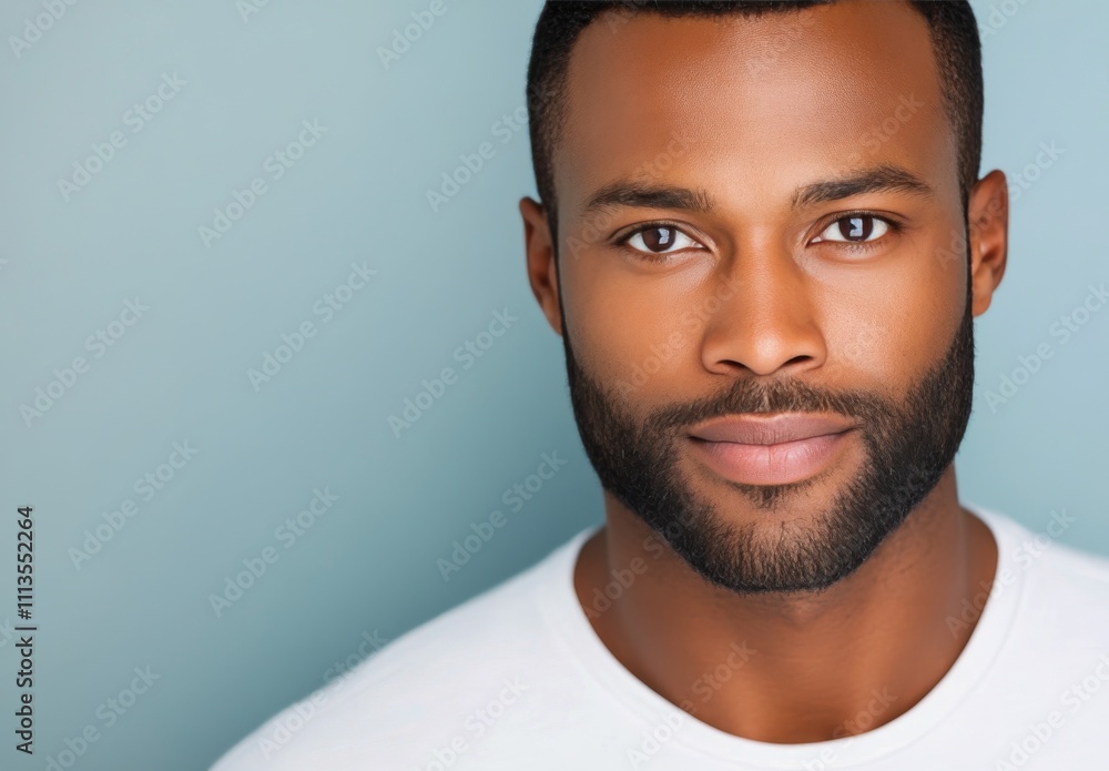 Naklejka premium Confident young man with beard poses against a blue background in natural light