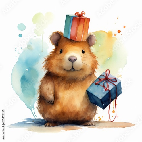 Cute guinea pig with a gift on a colorful background during a festive celebra...
