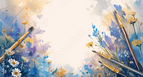 Colorful art supplies surround a blank canvas in a creative workspace filled ...