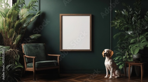 Cozy indoor living space with plants and relaxing dogs in a green wall enviro...