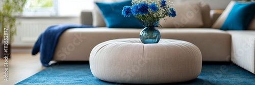 Decorative floral arrangement on a knitted ottoman in a cozy living room setting