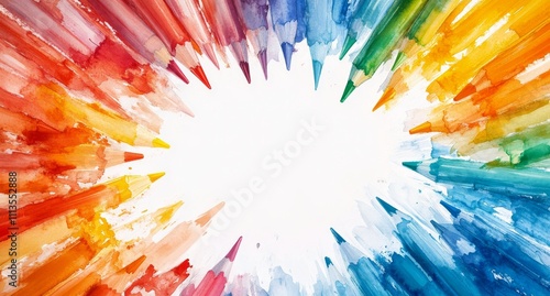 Vibrant colored pencils arranged neatly against a splattered paint background
