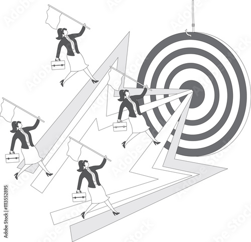 Focus and ambition for mission goals, obsessive pursuit and competition, determination to achieve goals or accomplishments, equidistant four businesswomen running with flags to targets
