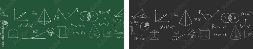Fototapeta premium Math doodle hand drawn border, with formula, geometric shapes, chalk texture. School science lesson on blackboard background. Study seamless illustration.