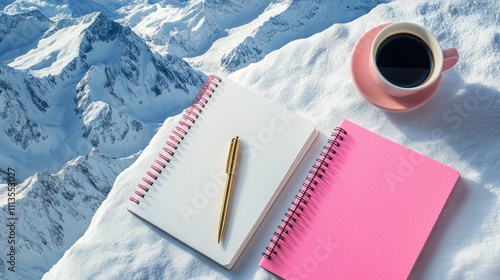 Coffee on desk with pink notebook and golden pen next to computer keyboard in...