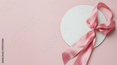 Gift box with pink ribbon on soft pink background representing breast cancer ...
