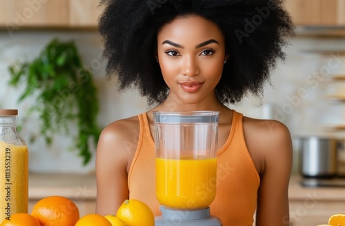 Woman making fresh juice in a bright kitchen with fruit and a blender