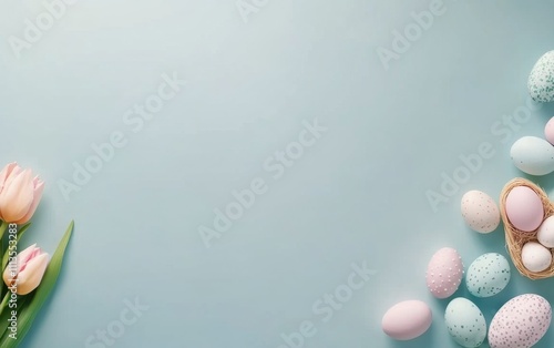 Colorful spring celebration with pastel eggs, flowers, and a bunny on a light...