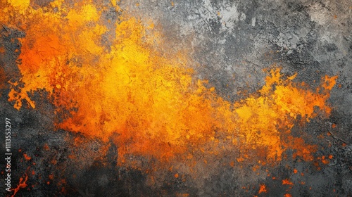 A fiery grunge background with orange and yellow tones blending into dark gray smudges and roughened surfaces, creating a high-energy visual. photo